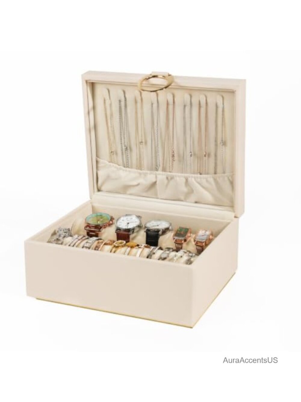 Leather Jewelry Organizer Box with Velvet Lining, Necklace Hooks, Watch &
